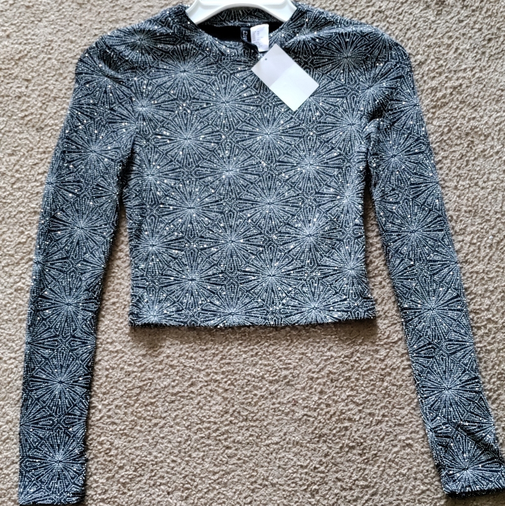 Women's black Long sleeve glitter sparkle crop top